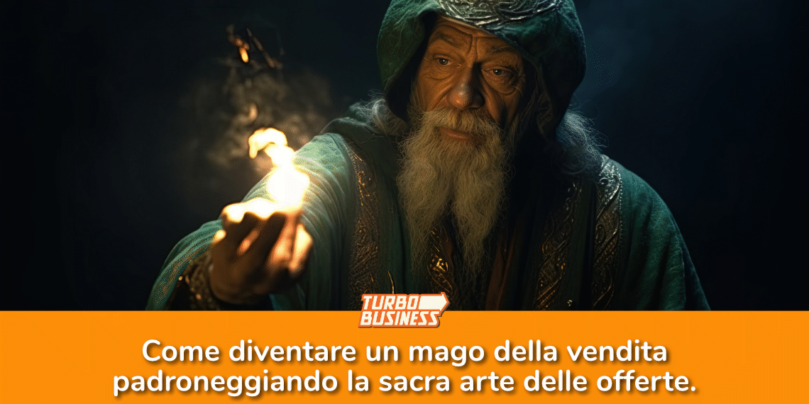 Un uomo vestito da mago tiene un oggetto incandescente, testo su migliorare le vendite con abilità magiche.