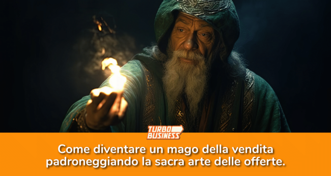 Un uomo vestito da mago tiene un oggetto incandescente, testo su migliorare le vendite con abilità magiche.