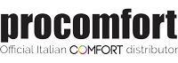 Logo di Procomfort, distributore italiano di prodotti per il comfort, con testo colorato e scritta Official Italian Comfort Distributor.
