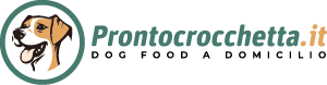 Logo di Prontocrocchetta.it, servizio di consegna cibo per cani, con illustrazione di un cane a sinistra.