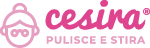 Logo rosa di un servizio di pulizia e stiratura con illustrazione stilizzata di una persona e testo Cesira pulisce e stira.