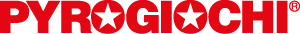 Logo rosso Pyrogiochi con lettere stilizzate e stelle al centro delle lettere O.