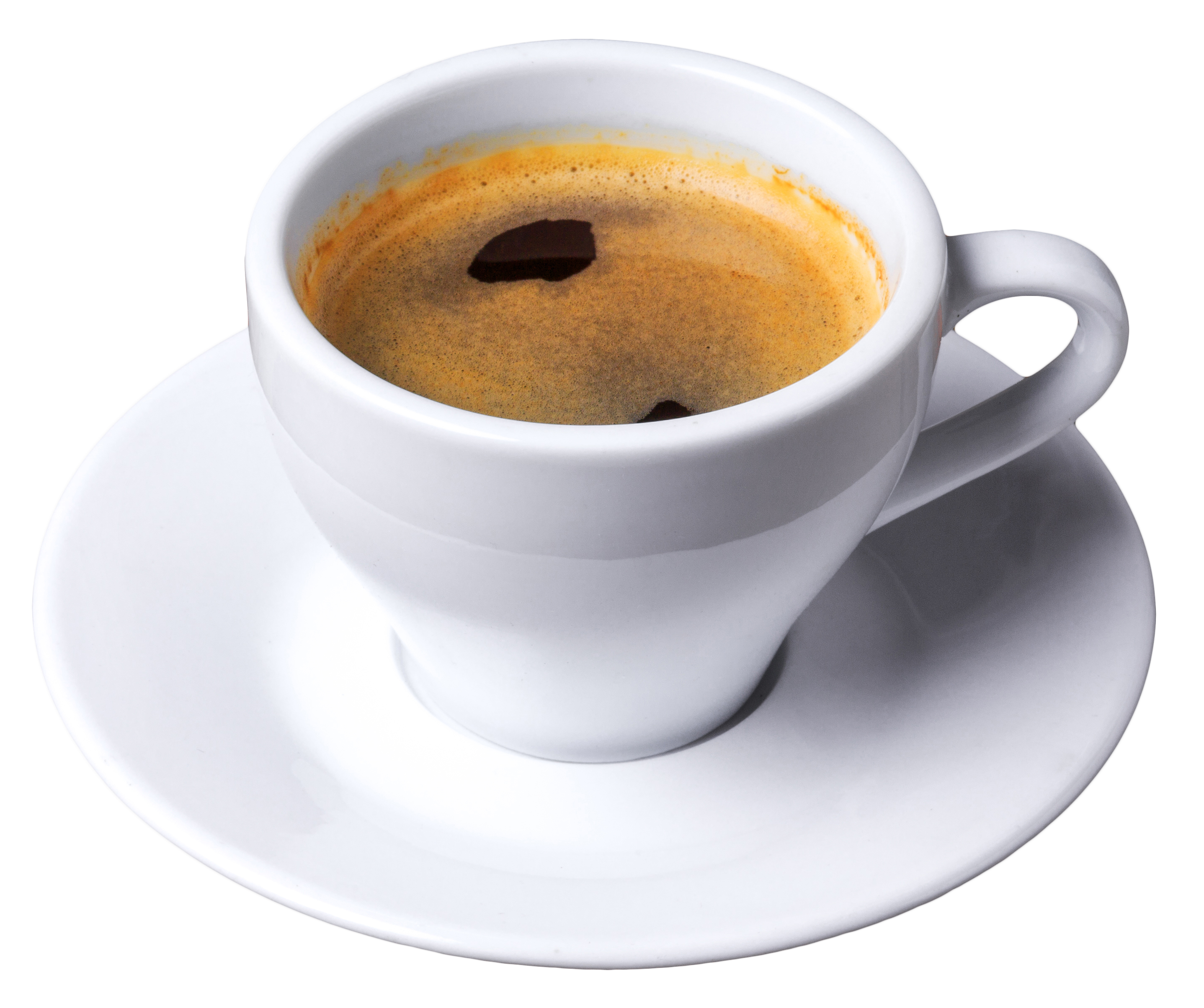 Tazza di caffè espresso con crema dorata, su piattino bianco.