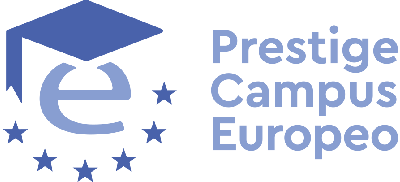 Logo blu con cappello di laurea e stelle, simbolo di istruzione e Unione Europea.