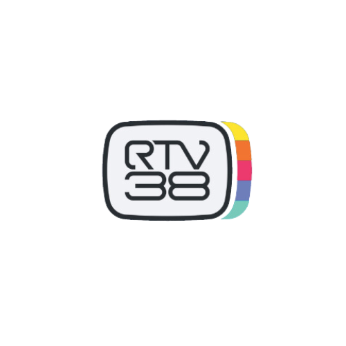 Logo di RTV38 con un design retrò, caratterizzato da bande colorate su sfondo bianco.