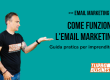 Uomo con maglietta Turbo Business presenta guida pratica su email marketing per imprenditori. Sfondo verde.