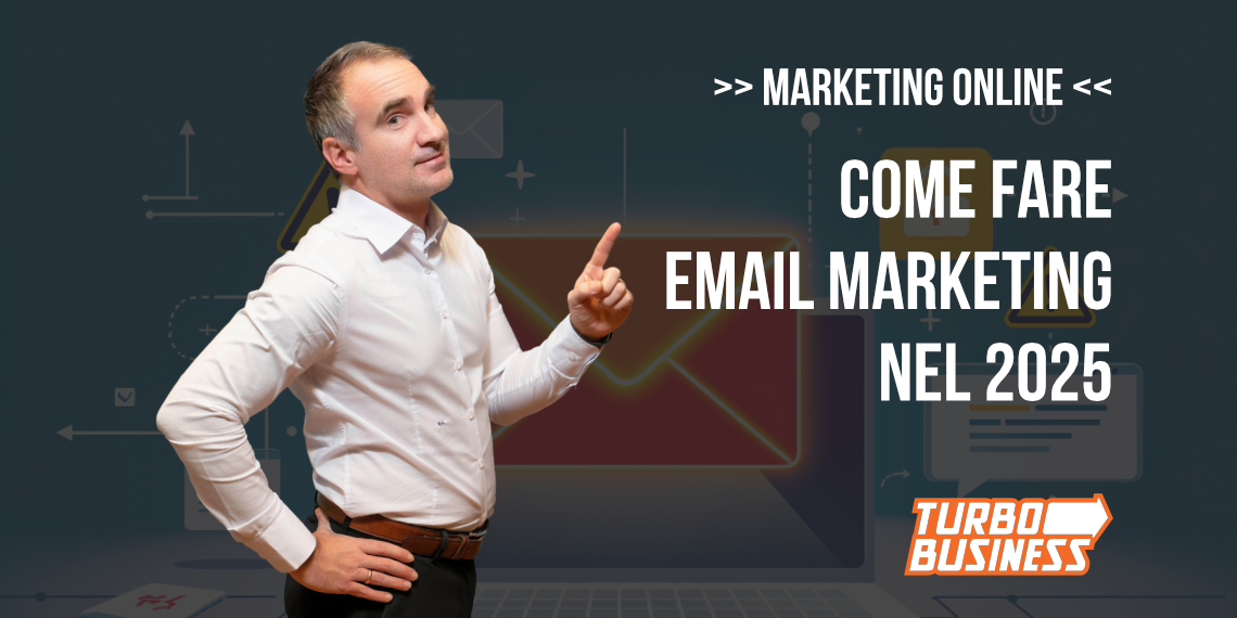Esperto spiega strategie di email marketing per il 2025 con grafica di buste e testo Turbo Business.