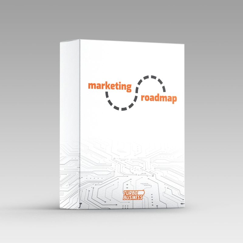 Scatola bianca con il testo marketing roadmap e immagini di circuiti elettronici stilizzati.