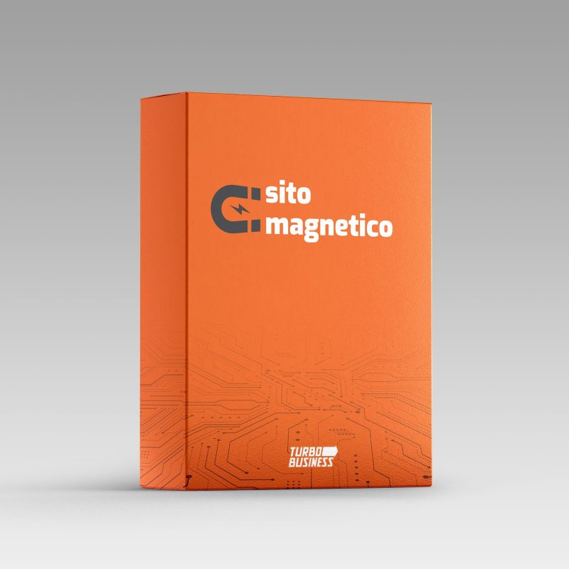 Scatola arancione con scritta sito magnetico e logo Turbo Business su sfondo grigio.