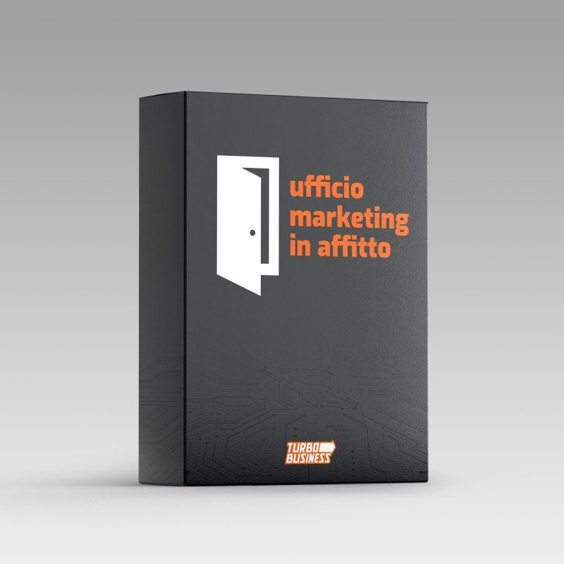 Pacchetto nero con scritta ufficio marketing in affitto e una porta stilizzata bianca.
